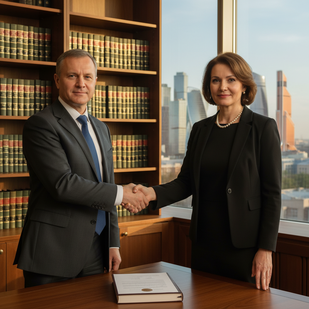 A photorealistic image of two professional adults, a lawyer and a business owner, shaking hands in a modern Russian office setting, symbolizing the agreement and transfer of exclusive intellectual property rights, with subtle Russian architectural elements in the background, no children present.