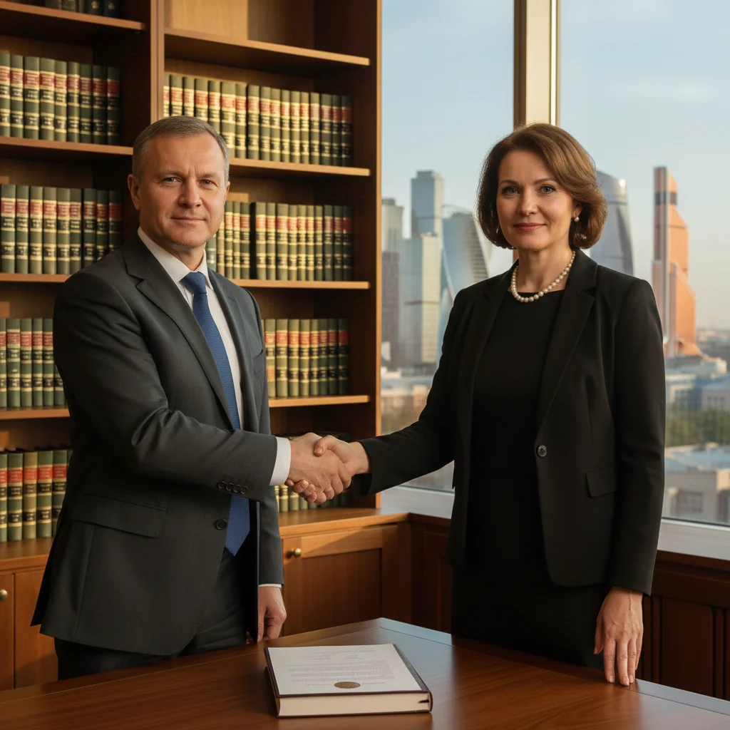 A photorealistic image of two professional adults, a lawyer and a business owner, shaking hands in a modern Russian office setting, symbolizing the agreement and transfer of exclusive intellectual property rights, with subtle Russian architectural elements in the background, no children present.