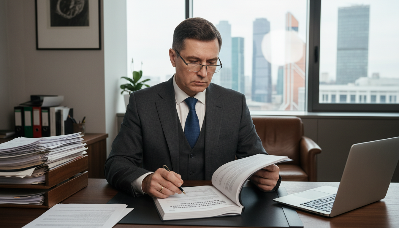 Russian lawyer reviewing contract document