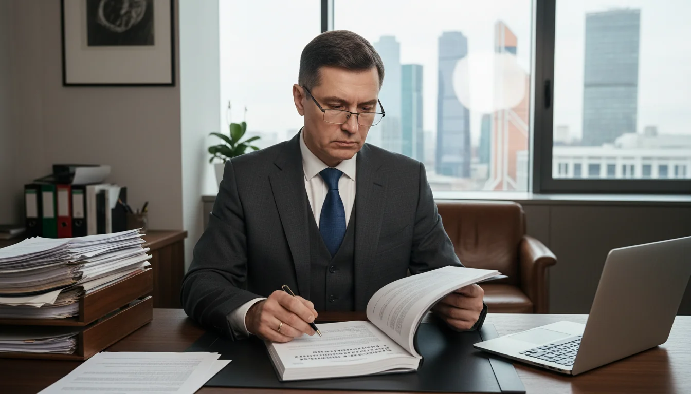Russian lawyer reviewing contract document