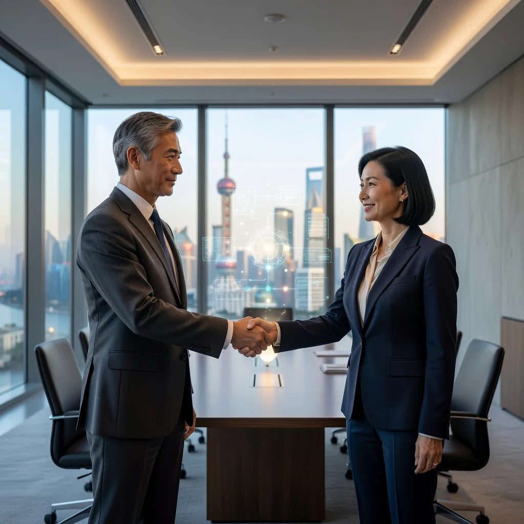 A photorealistic image symbolizing the transfer of intellectual property rights in China, featuring two professional adults in a modern Chinese business office shaking hands over a subtle digital innovation blueprint on a screen, representing agreement and partnership in IP transfer, with no children present.