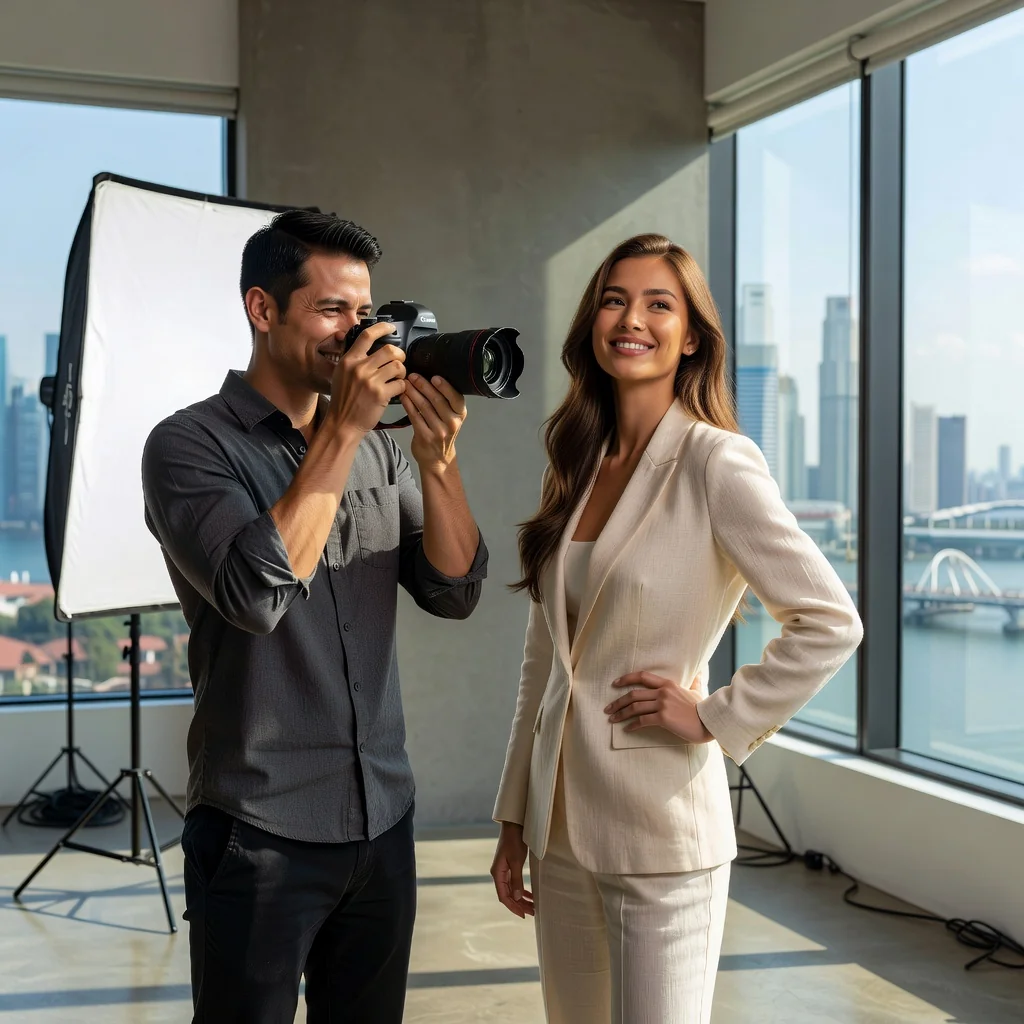 A photorealistic image of a professional adult photographer capturing a portrait of an adult model in a modern Singapore studio, symbolizing consent and photography rights without showing any legal documents.