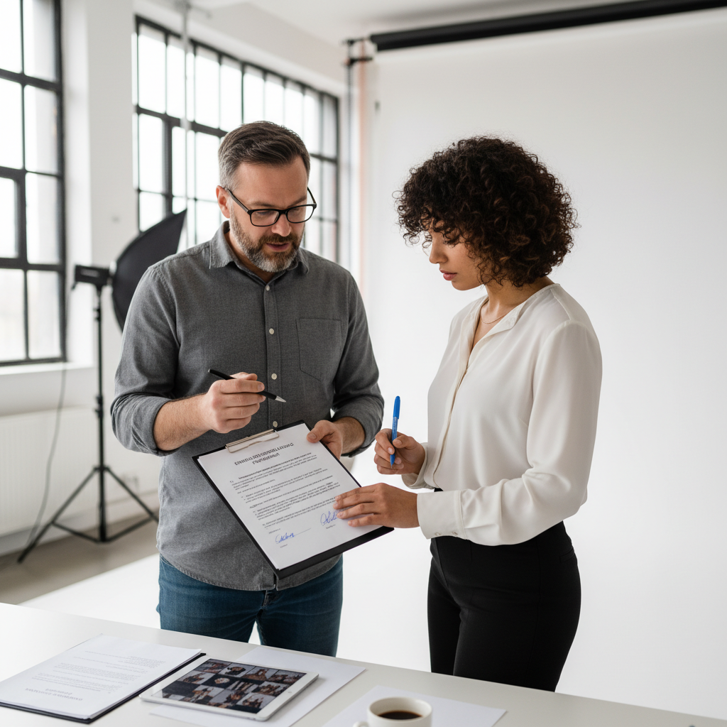 A photorealistic image of an adult photographer in a professional setting, carefully discussing and signing a consent form with an adult model before a photo shoot, symbolizing legal requirements for photo consent in Germany. The scene conveys trust, professionalism, and legal compliance, with no children present.