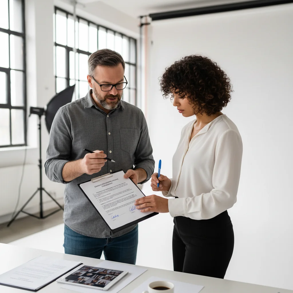 A photorealistic image of an adult photographer in a professional setting, carefully discussing and signing a consent form with an adult model before a photo shoot, symbolizing legal requirements for photo consent in Germany. The scene conveys trust, professionalism, and legal compliance, with no children present.