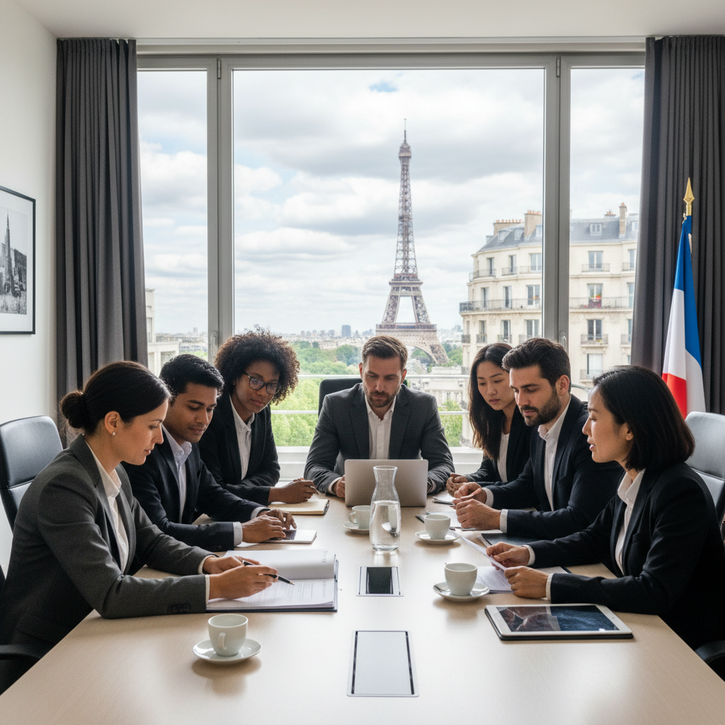 A photorealistic image depicting a professional scene in France related to obtaining legal image authorization, such as a diverse group of adults in a modern office setting discussing media rights with a lawyer, evoking themes of legal compliance and creative permission in the French context, no children present.
