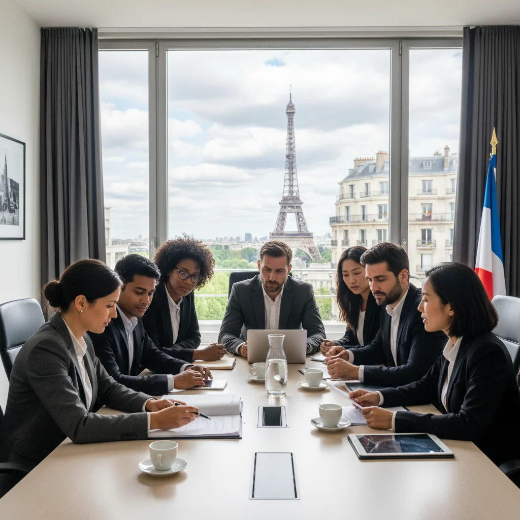 A photorealistic image depicting a professional scene in France related to obtaining legal image authorization, such as a diverse group of adults in a modern office setting discussing media rights with a lawyer, evoking themes of legal compliance and creative permission in the French context, no children present.