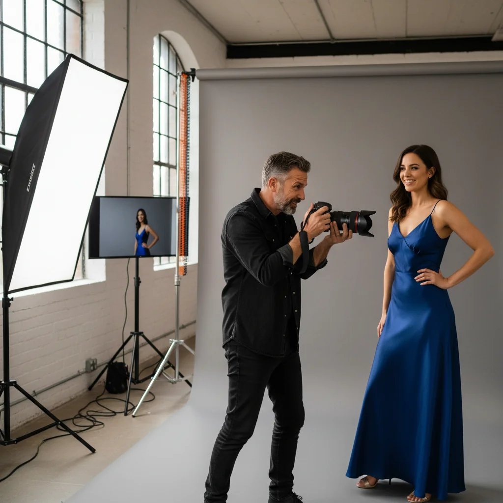 A photorealistic image of a professional UK photographer in a studio setting, capturing a consenting adult model's portrait with a camera, symbolizing the need for proper model releases in photography. The scene conveys trust and professionalism between the photographer and the adult subject, with no children present.