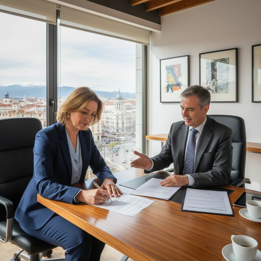 A photorealistic image of a professional adult in a modern Spanish office setting, reviewing authorization documents with a lawyer, symbolizing image rights consent in Spain. The scene conveys trust and legal agreement, with no children present.