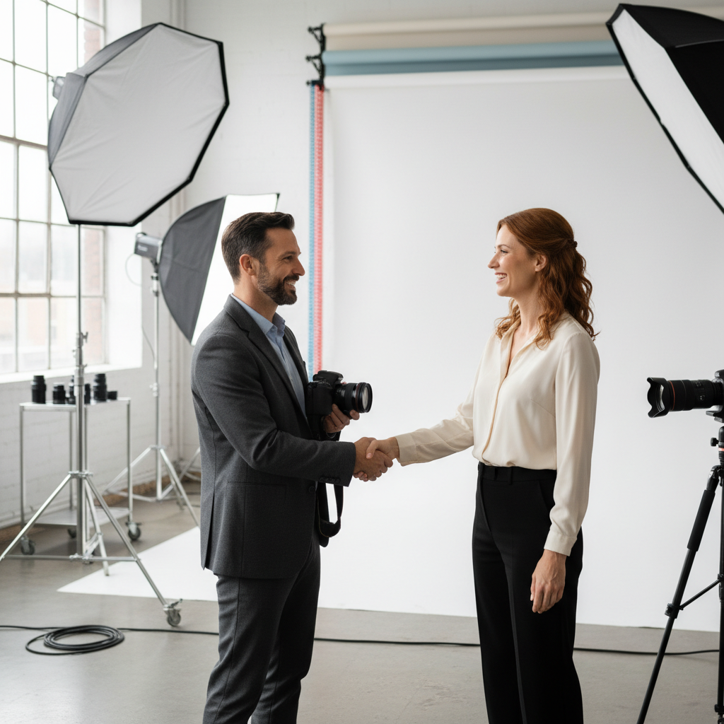 A photorealistic image of two adult professionals, a photographer and a model, shaking hands in a modern studio setting after a successful photoshoot, symbolizing a well-agreed model release without any mistakes, conveying trust and professionalism in content creation.