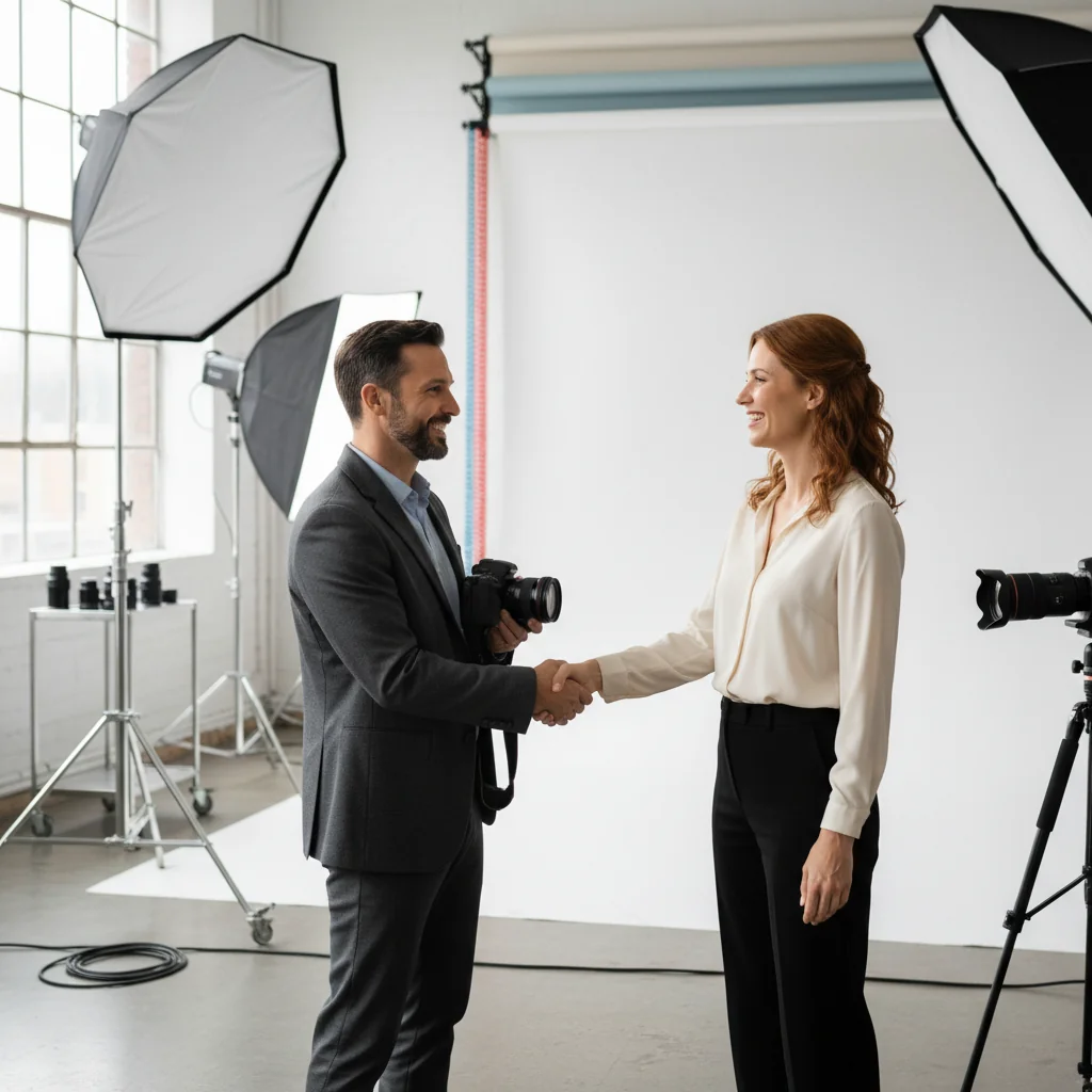 A photorealistic image of two adult professionals, a photographer and a model, shaking hands in a modern studio setting after a successful photoshoot, symbolizing a well-agreed model release without any mistakes, conveying trust and professionalism in content creation.