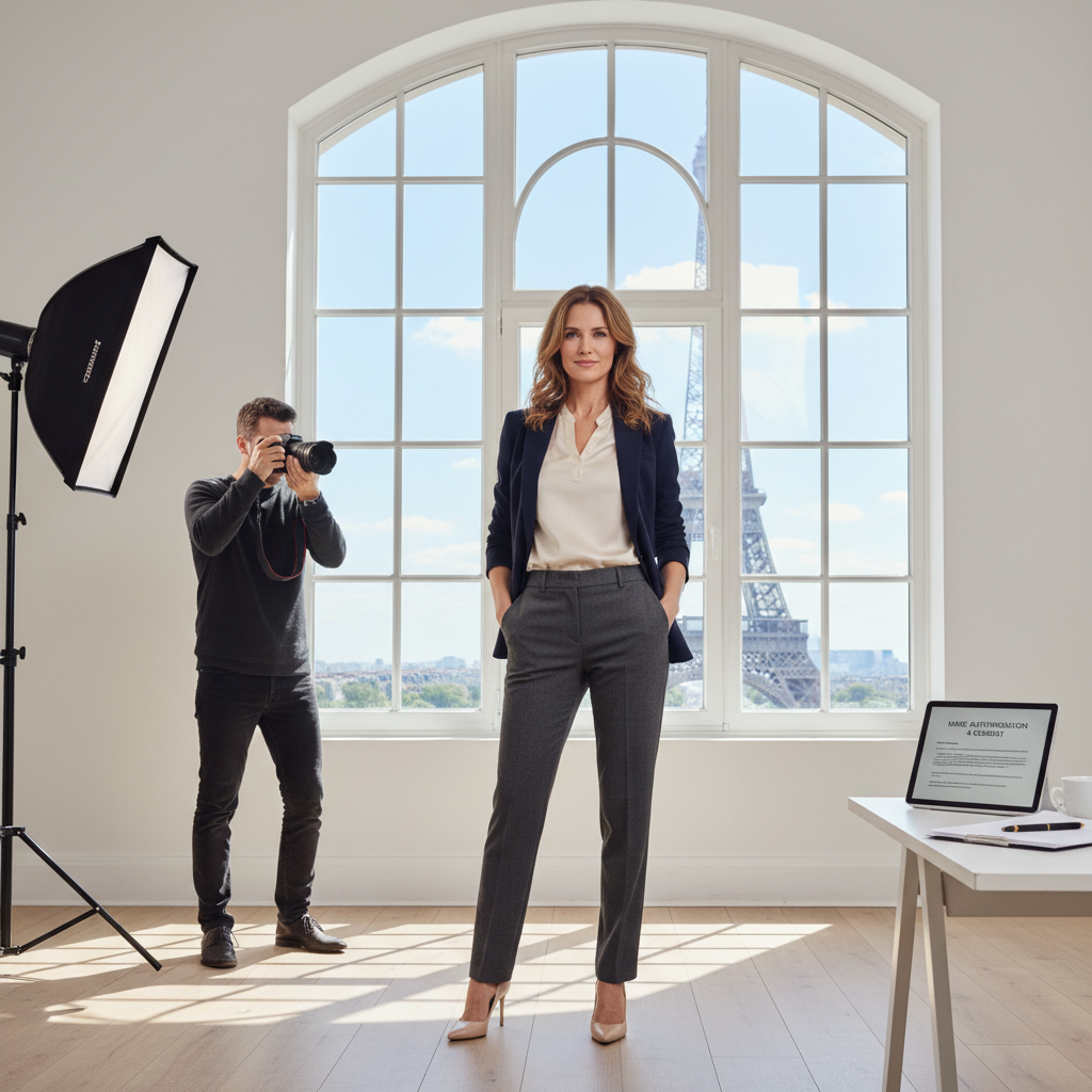 A photorealistic image representing the concept of image rights in France, showing an adult professional model confidently posing for a fashion photoshoot in a modern studio setting, with subtle French cultural elements like the Eiffel Tower visible in the background through a window, emphasizing consent and authorization without focusing on any legal documents.