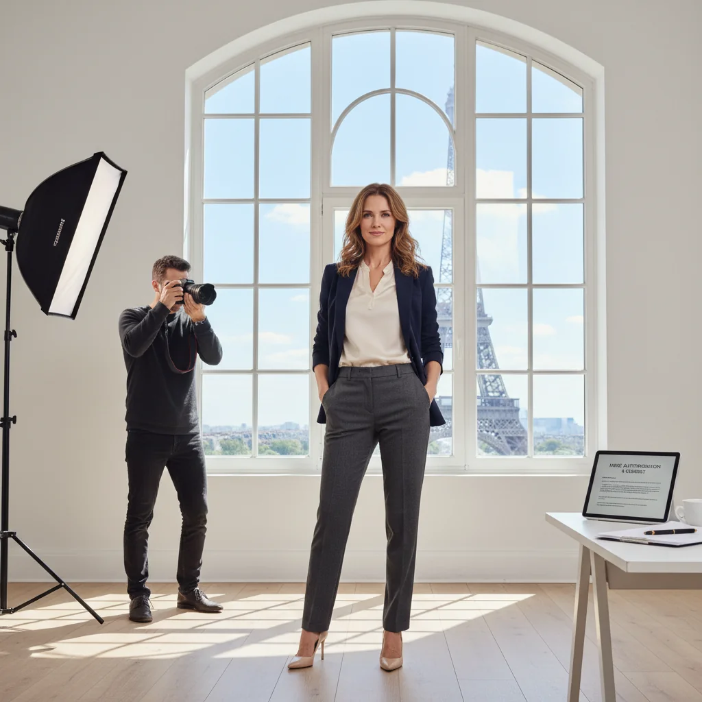 A photorealistic image representing the concept of image rights in France, showing an adult professional model confidently posing for a fashion photoshoot in a modern studio setting, with subtle French cultural elements like the Eiffel Tower visible in the background through a window, emphasizing consent and authorization without focusing on any legal documents.