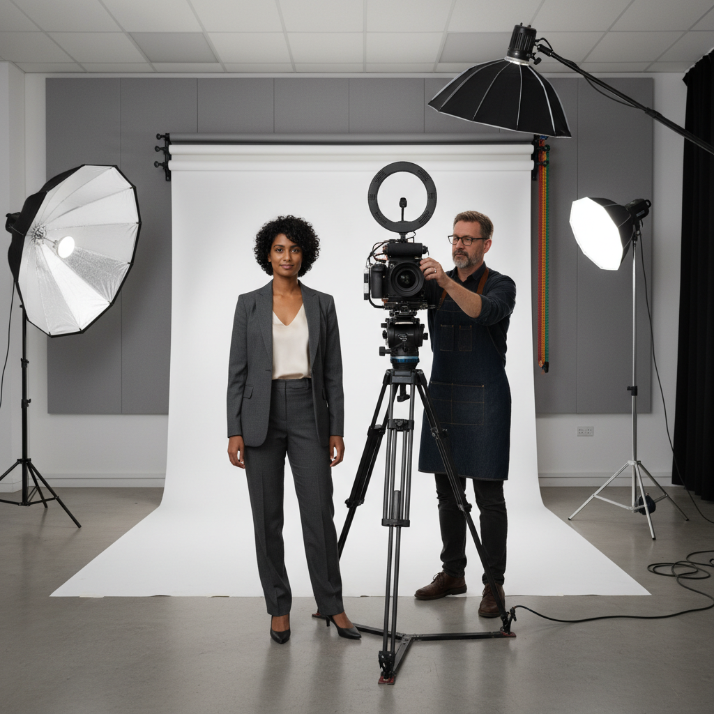 A professional scene in a modern UK photography studio where an adult model is confidently posing in front of a camera during a photoshoot, with a photographer adjusting lights in the background. The atmosphere is collaborative and professional, symbolizing the trust and consent involved in model releases. No legal documents are visible. The image is photorealistic, capturing natural lighting and details.