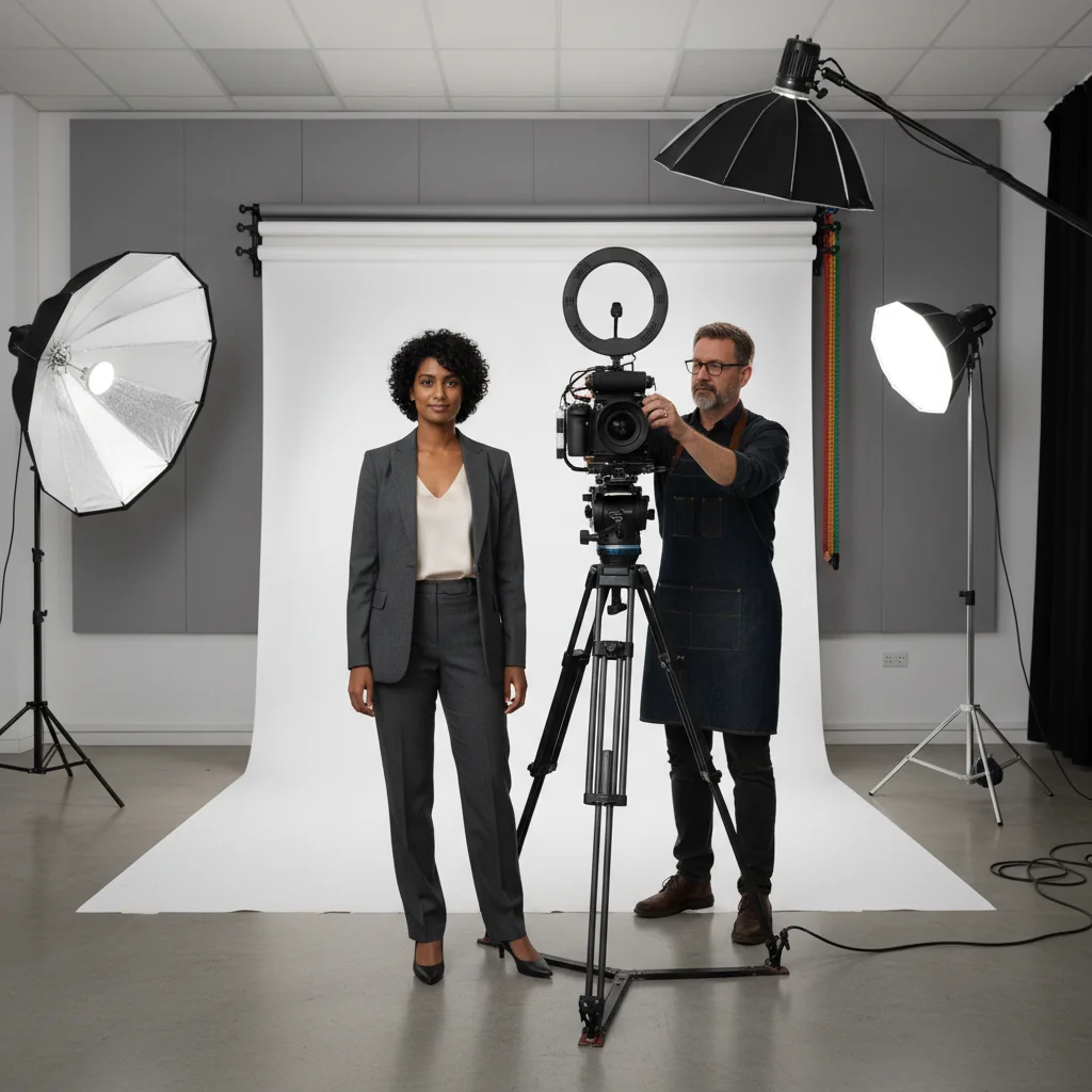 A professional scene in a modern UK photography studio where an adult model is confidently posing in front of a camera during a photoshoot, with a photographer adjusting lights in the background. The atmosphere is collaborative and professional, symbolizing the trust and consent involved in model releases. No legal documents are visible. The image is photorealistic, capturing natural lighting and details.