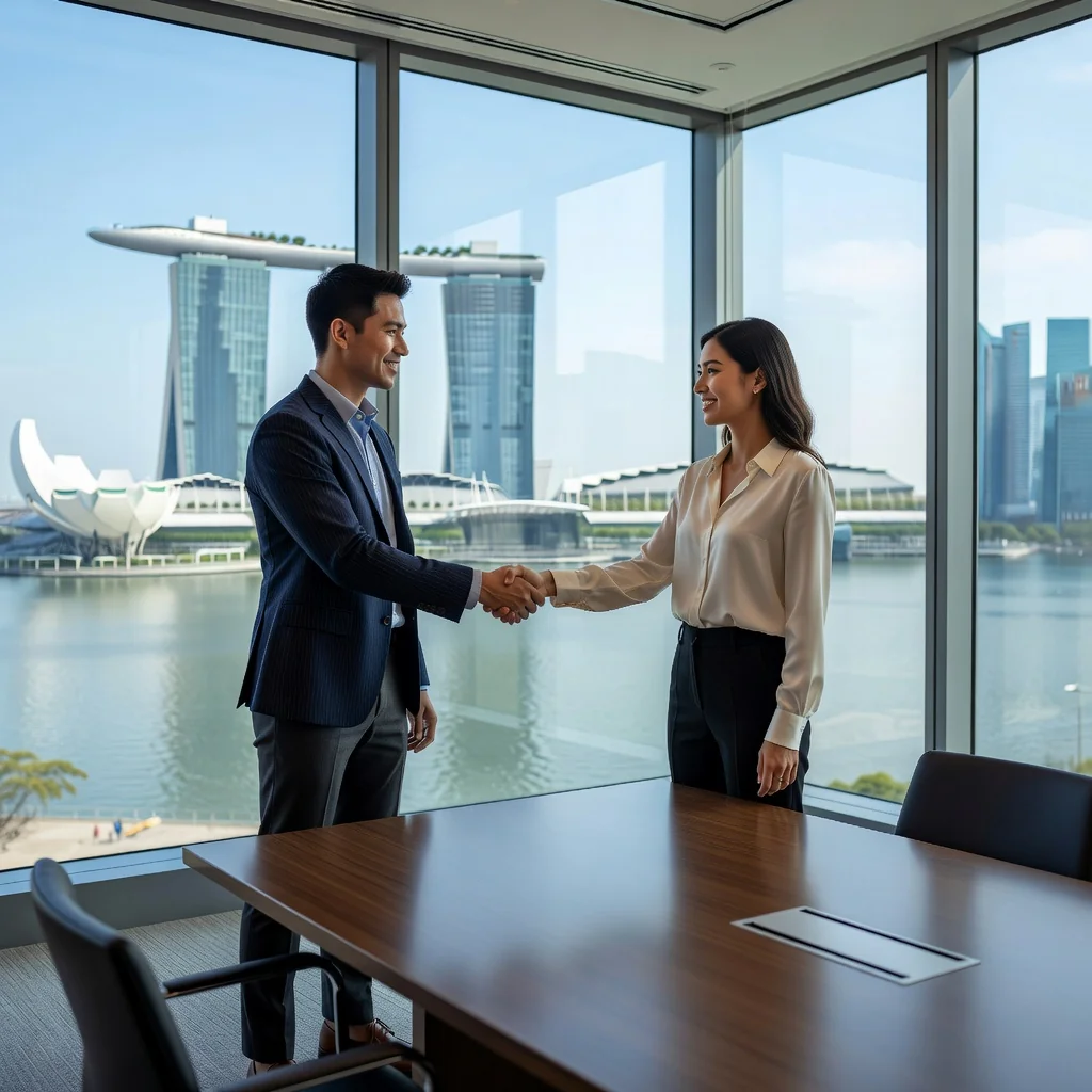 A photorealistic image of two young adults in a professional meeting room in Singapore, shaking hands over a table with a modern city skyline visible through the window, symbolizing agreement and consent in a business or creative context, no documents visible, no children present.