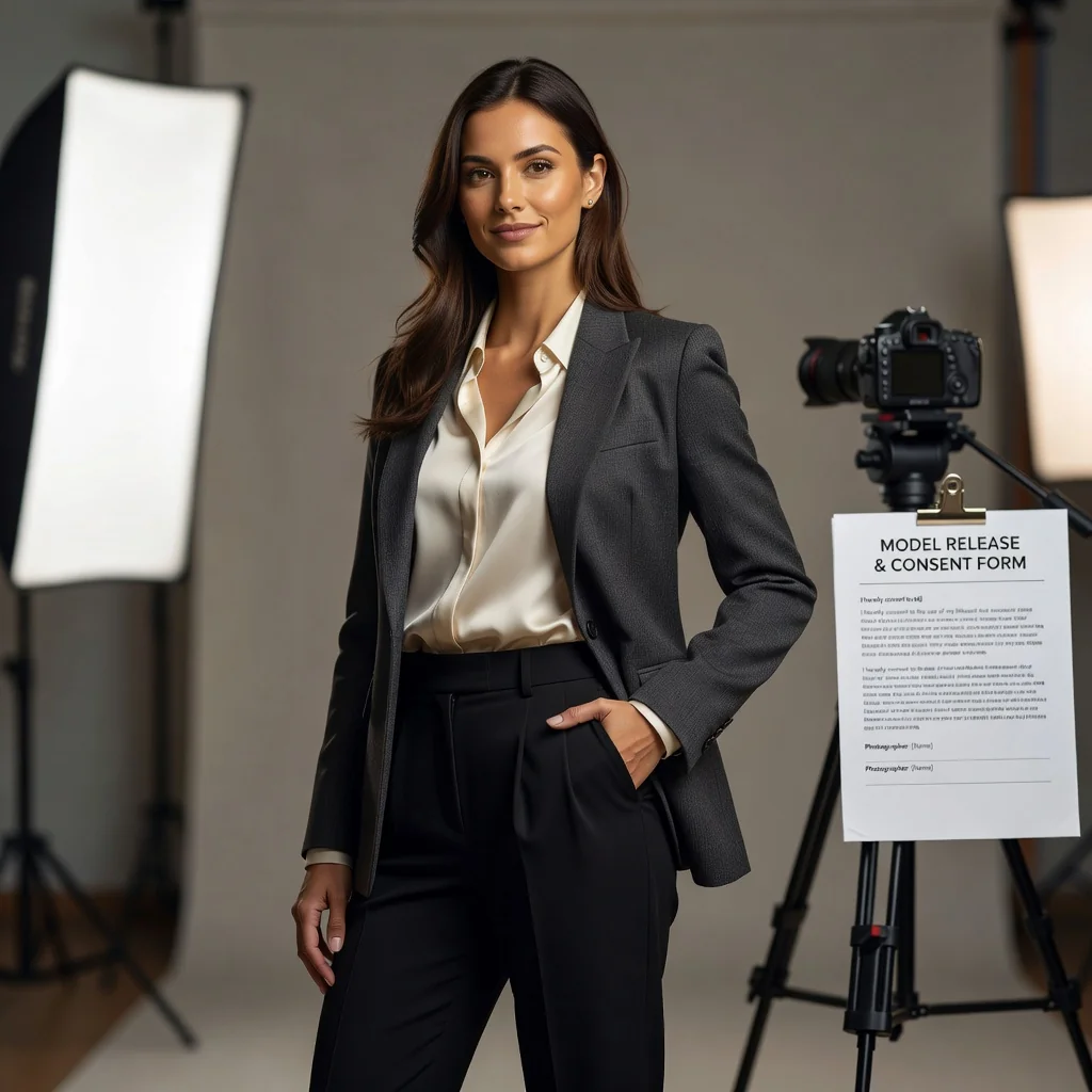 A photorealistic image of a confident adult professional model posing elegantly in a studio setting, with subtle elements suggesting a photoshoot session, like soft lighting and a camera in the background, evoking the essence of model consent and professional photography without showing any documents.