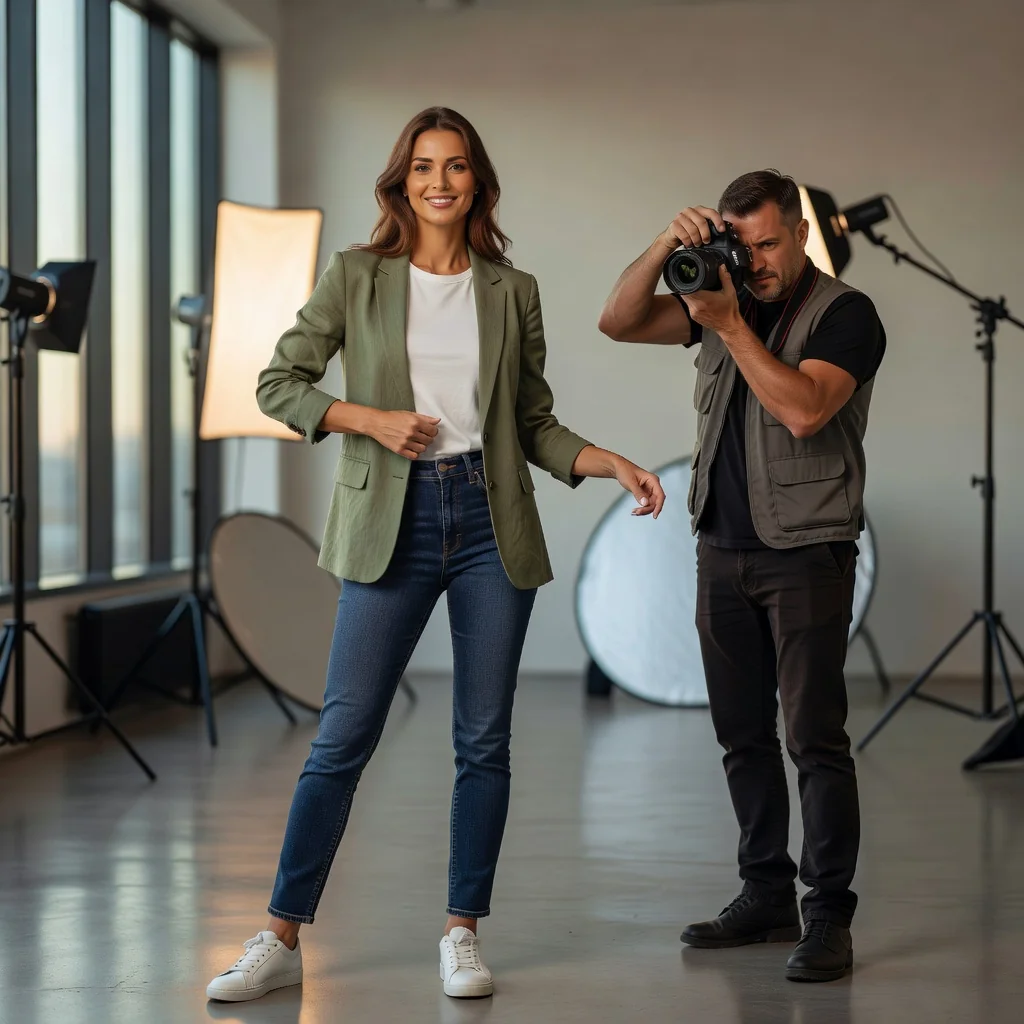 A photorealistic image representing the purpose of a model release form, showing a professional adult model confidently posing during a photoshoot in a modern studio, with a photographer capturing the moment, emphasizing consent and professional modeling work, no legal documents visible, no children present.