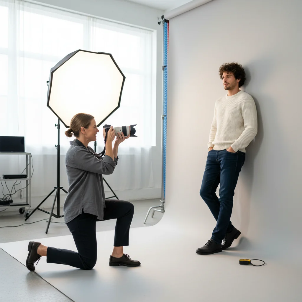 A photorealistic image of a professional adult photographer capturing a portrait of an adult model in a modern studio setting, symbolizing consent and legal permission for image use without showing any documents.