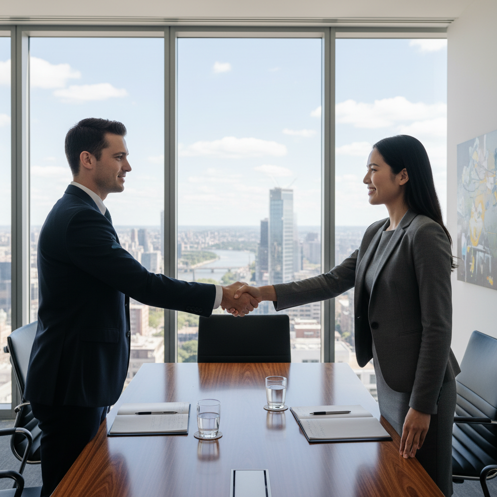 A photorealistic image representing consent and agreement in a professional context, such as two adults shaking hands across a table in a modern office, symbolizing mutual understanding and permission without focusing on any document.
