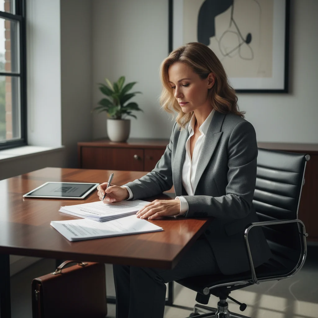 A photorealistic image of a professional adult person signing a consent form in a modern office setting, symbolizing image authorization and legal permissions for using someone's likeness, with no children present and focusing on themes of privacy and consent.