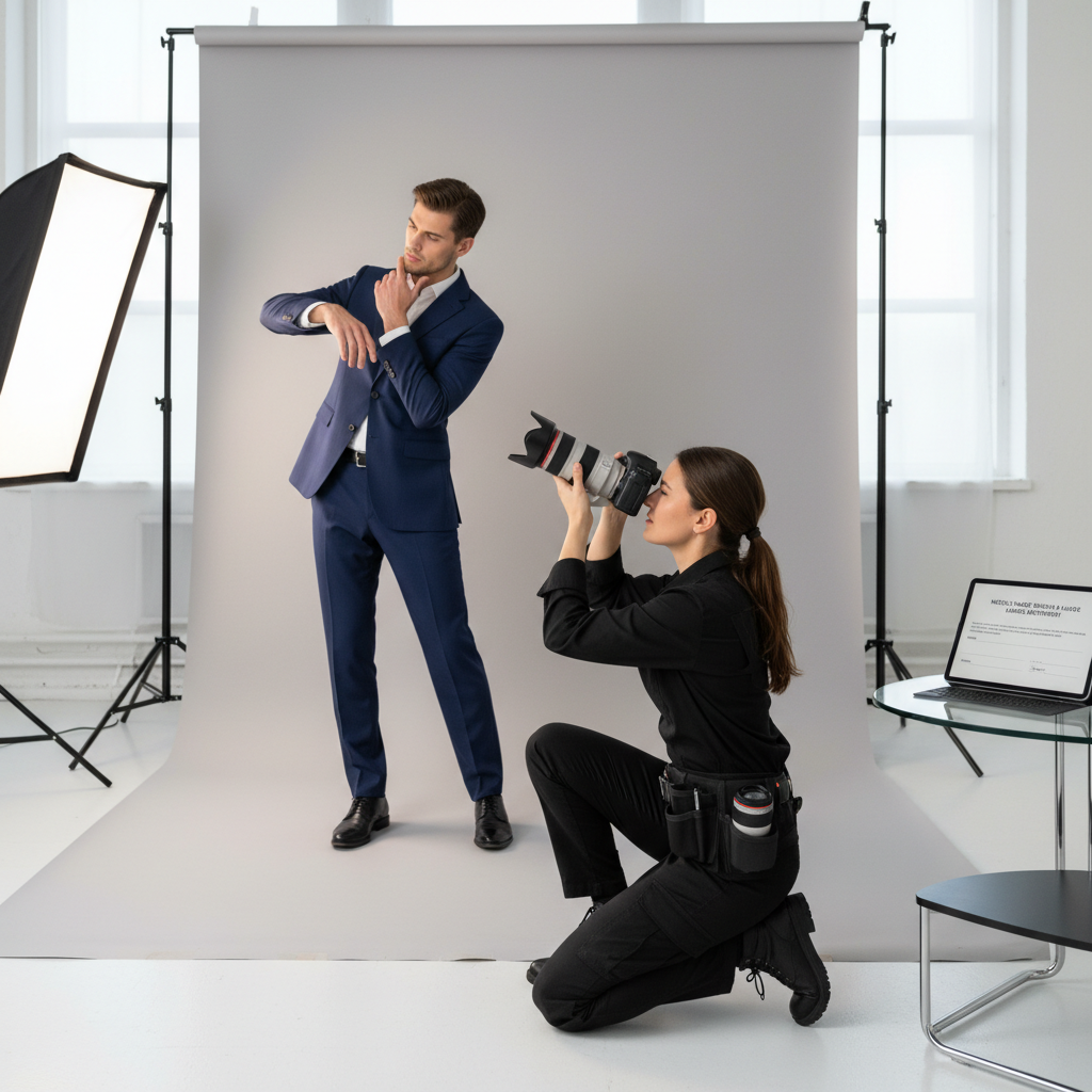 A photorealistic image of a professional photographer capturing a consenting adult model during a studio photo shoot, symbolizing the need for model release agreements in UK law to protect rights in commercial imagery. The scene shows the model posing confidently in front of a camera setup, with the photographer adjusting equipment, emphasizing consent and professionalism without displaying any documents.