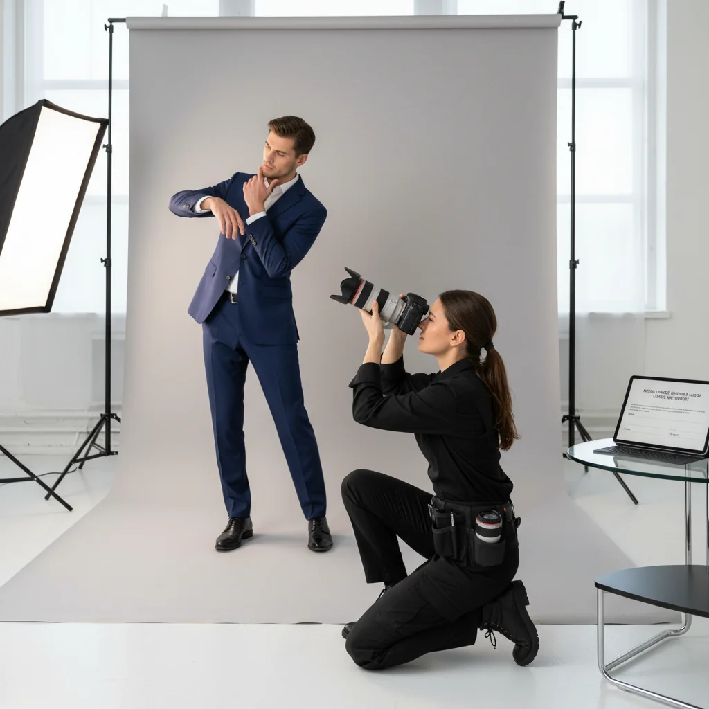 A photorealistic image of a professional photographer capturing a consenting adult model during a studio photo shoot, symbolizing the need for model release agreements in UK law to protect rights in commercial imagery. The scene shows the model posing confidently in front of a camera setup, with the photographer adjusting equipment, emphasizing consent and professionalism without displaying any documents.