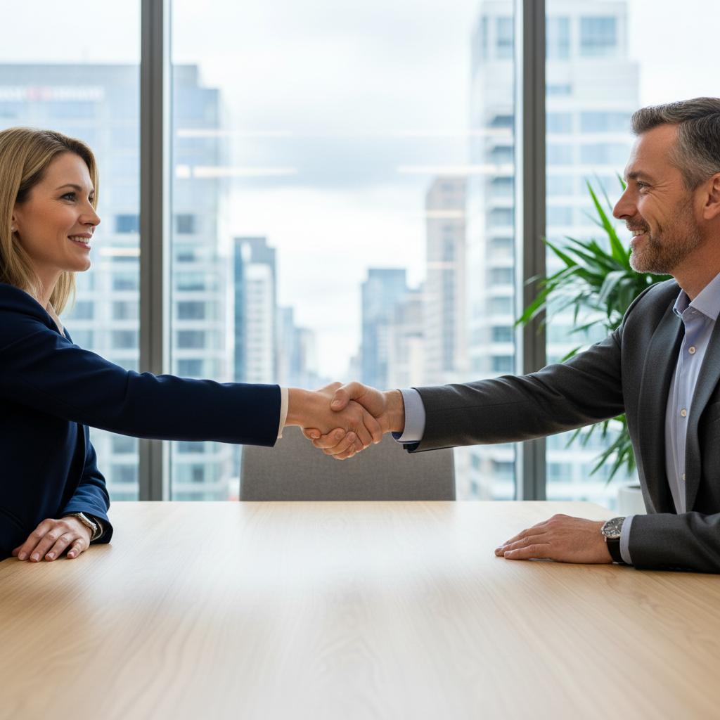 A photorealistic image of two professional adults shaking hands in a modern office setting, symbolizing agreement and authorization on personal image rights, with a subtle background of cityscape through a window, conveying trust and consent without any legal documents visible.