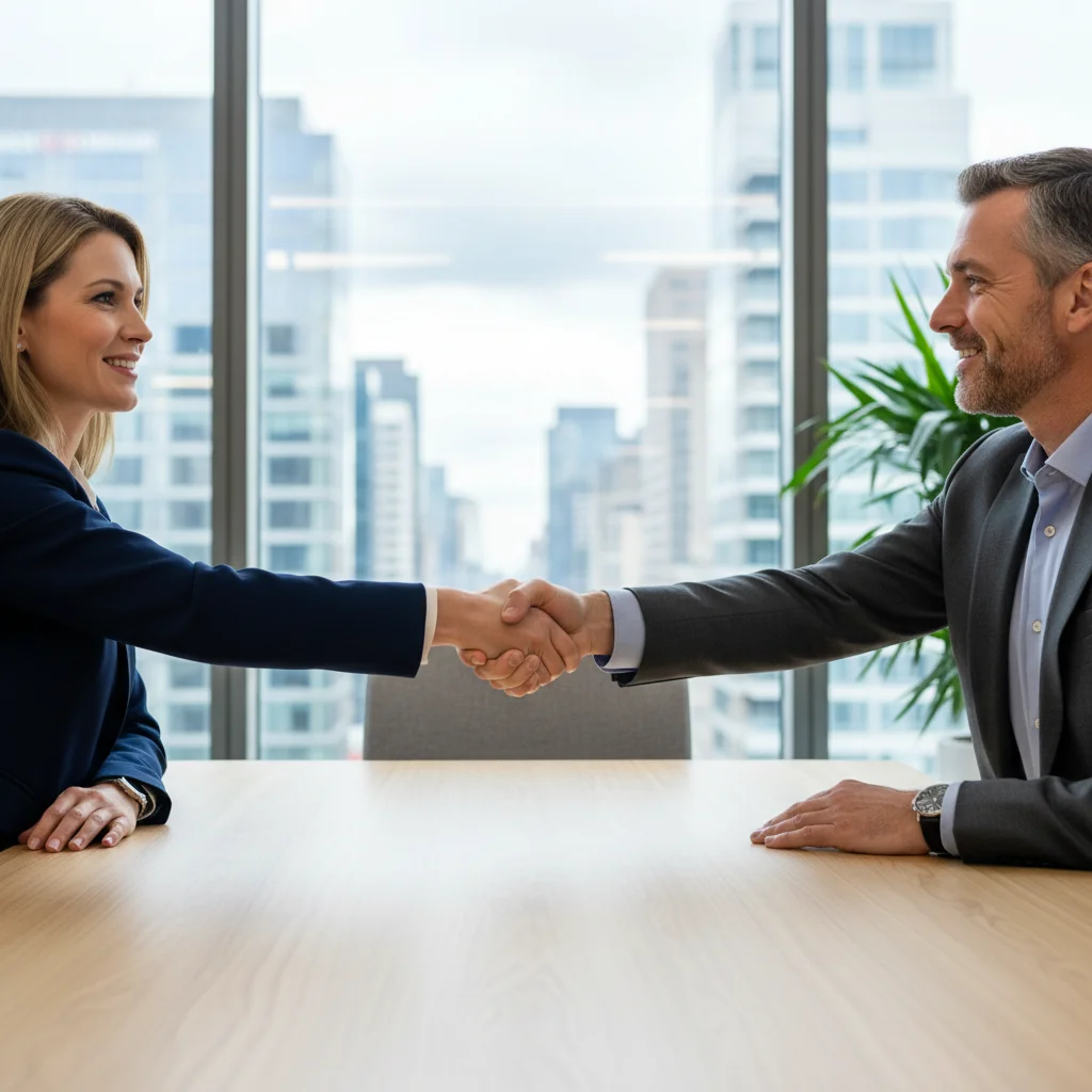 A photorealistic image of two professional adults shaking hands in a modern office setting, symbolizing agreement and authorization on personal image rights, with a subtle background of cityscape through a window, conveying trust and consent without any legal documents visible.