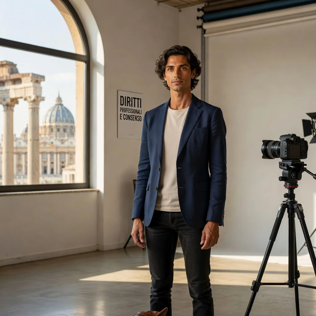 A photorealistic image of a confident adult model posing professionally in a modern studio setting, symbolizing empowerment and rights in the modeling industry, with subtle Italian elements like a flag or architecture in the background, evoking themes of consent and obligations in a photo release form.