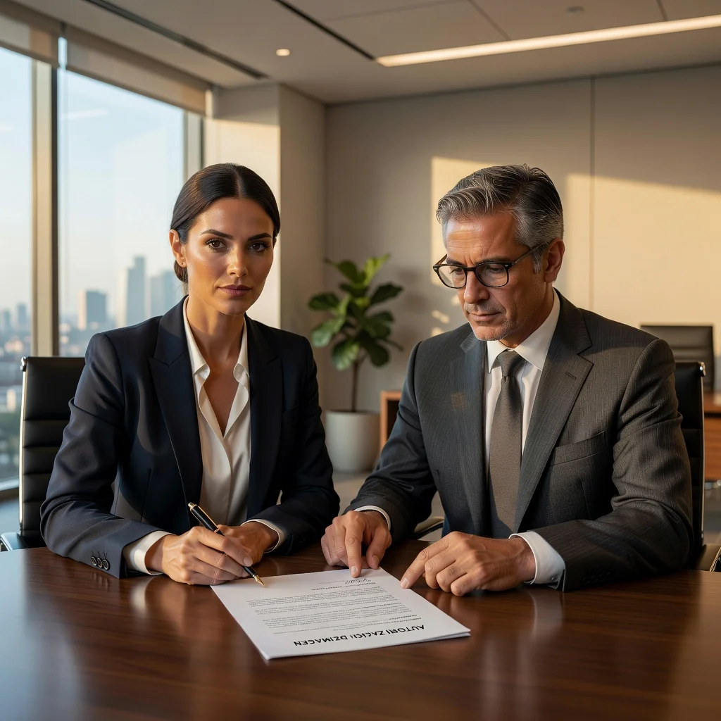 A professional scene representing image authorization in Mexico, featuring an adult actor or model in a studio signing a consent form with a lawyer, symbolizing legal protection for image rights, set against a subtle Mexican cultural background like a flag or landmark, no children present.