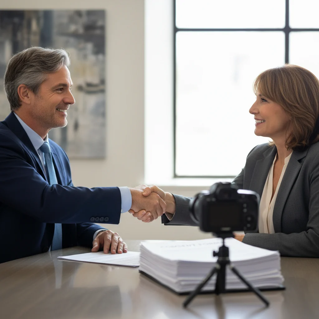A photorealistic image depicting two consenting adults in a professional setting, shaking hands over a table with subtle legal paperwork in the background, symbolizing agreement and consent to image usage without focusing on the document itself.