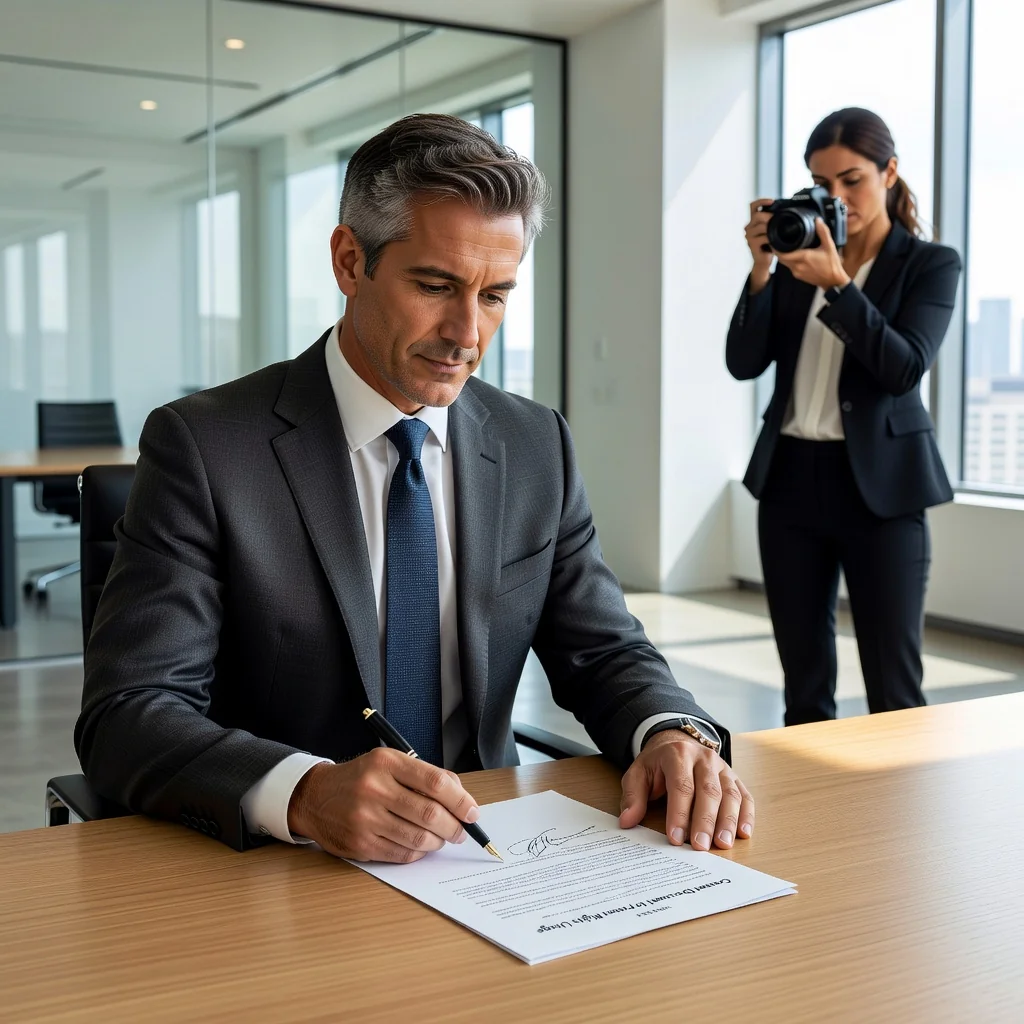 A photorealistic image representing the concept of portrait rights authorization, showing a professional adult individual confidently signing a consent form in a modern office setting with a photographer nearby, symbolizing permission for image use, no children present.