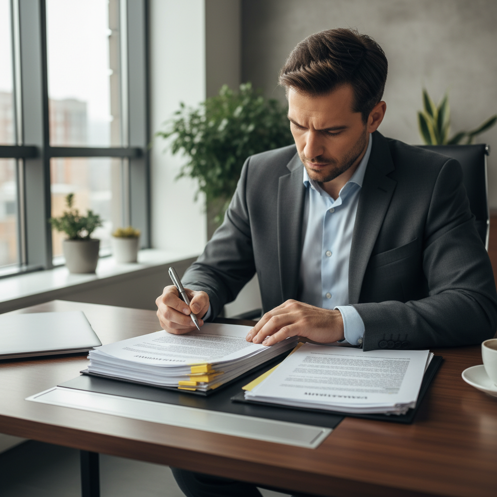 A professional adult individual in a modern office environment, reviewing and signing important authorization documents on a desk, symbolizing legal requirements for image rights permissions, with a subtle background of legal books and a computer screen displaying a contract form.
