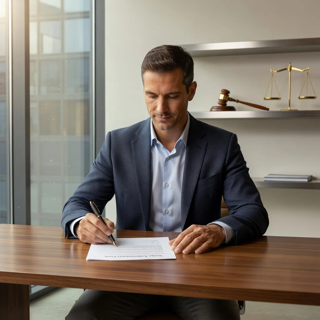 A professional adult individual in a modern office environment, confidently signing an image release authorization form on a desk with legal documents and a laptop nearby, symbolizing the process of obtaining legal permission for image usage, photorealistic style, no children present.