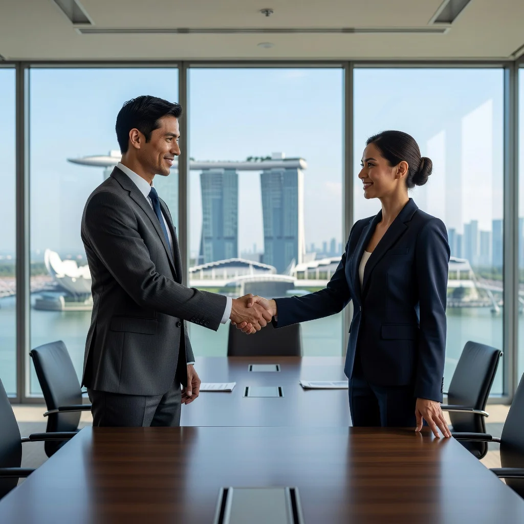 A photorealistic image of two adult professionals in a modern Singapore office, shaking hands over a table with a city skyline view in the background, symbolizing a business agreement without focusing on any documents.