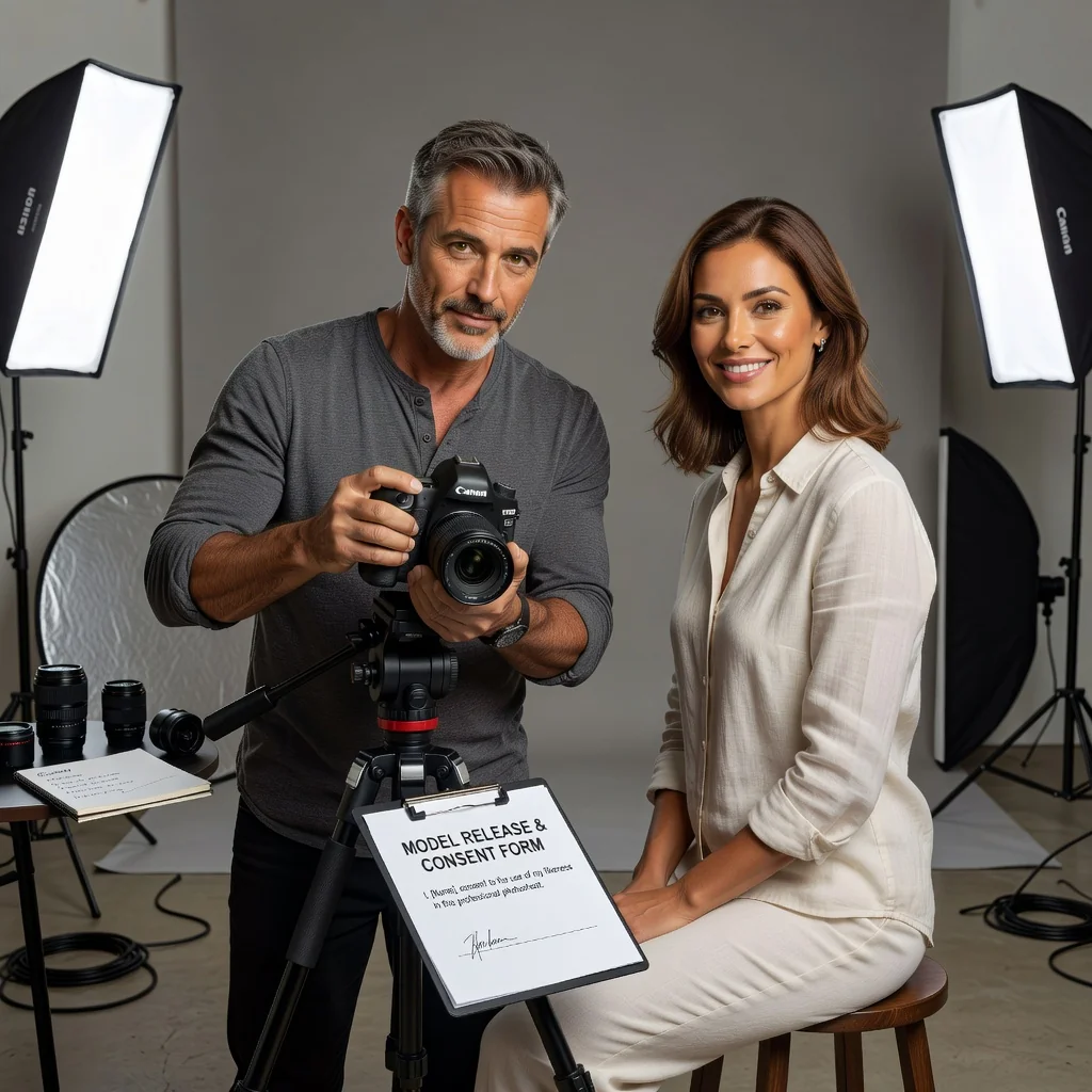 A photorealistic image of a professional adult photographer in a studio setting, carefully composing a portrait shot of a consenting adult model, symbolizing the agreement and authorization for using someone's likeness in photography, with warm lighting and professional equipment visible, no children present.