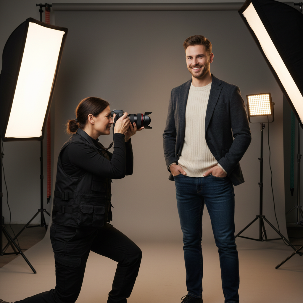 A photorealistic image of a professional photographer capturing a portrait of an adult model in a studio setting, symbolizing consent and rights in photography, with no legal documents visible and no children present.