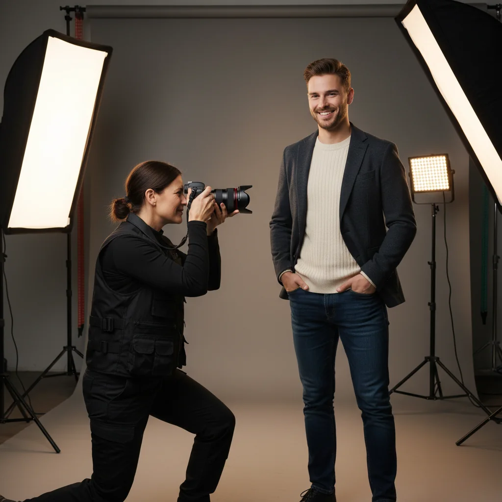 A photorealistic image of a professional photographer capturing a portrait of an adult model in a studio setting, symbolizing consent and rights in photography, with no legal documents visible and no children present.
