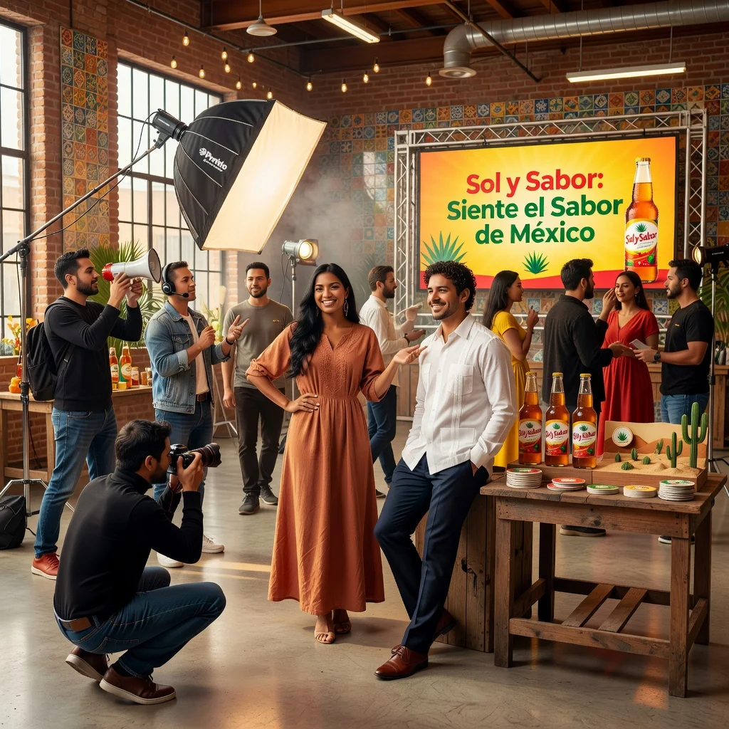 A photorealistic image depicting a professional advertising photoshoot in a modern Mexican studio, where a diverse group of adult models and photographers collaborate on a commercial campaign, symbolizing the importance of image authorization in advertising practices.