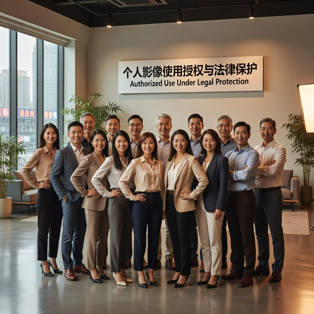 A photorealistic image symbolizing the importance of portrait rights authorization in Chinese law, showing a diverse group of consenting adults posing confidently for a professional photographer in a modern urban studio setting in China, with subtle legal elements like a consent form in the background but no focus on documents, emphasizing protection and agreement in portrait usage.