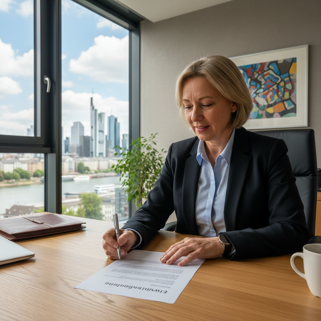 A photorealistic image of a professional adult person signing a consent form in a modern German office setting, symbolizing agreement and legal permission for image usage, with subtle German flag elements in the background. The scene conveys trust, formality, and compliance without showing any documents directly.