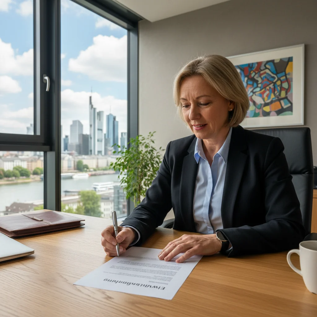 A photorealistic image of a professional adult person signing a consent form in a modern German office setting, symbolizing agreement and legal permission for image usage, with subtle German flag elements in the background. The scene conveys trust, formality, and compliance without showing any documents directly.