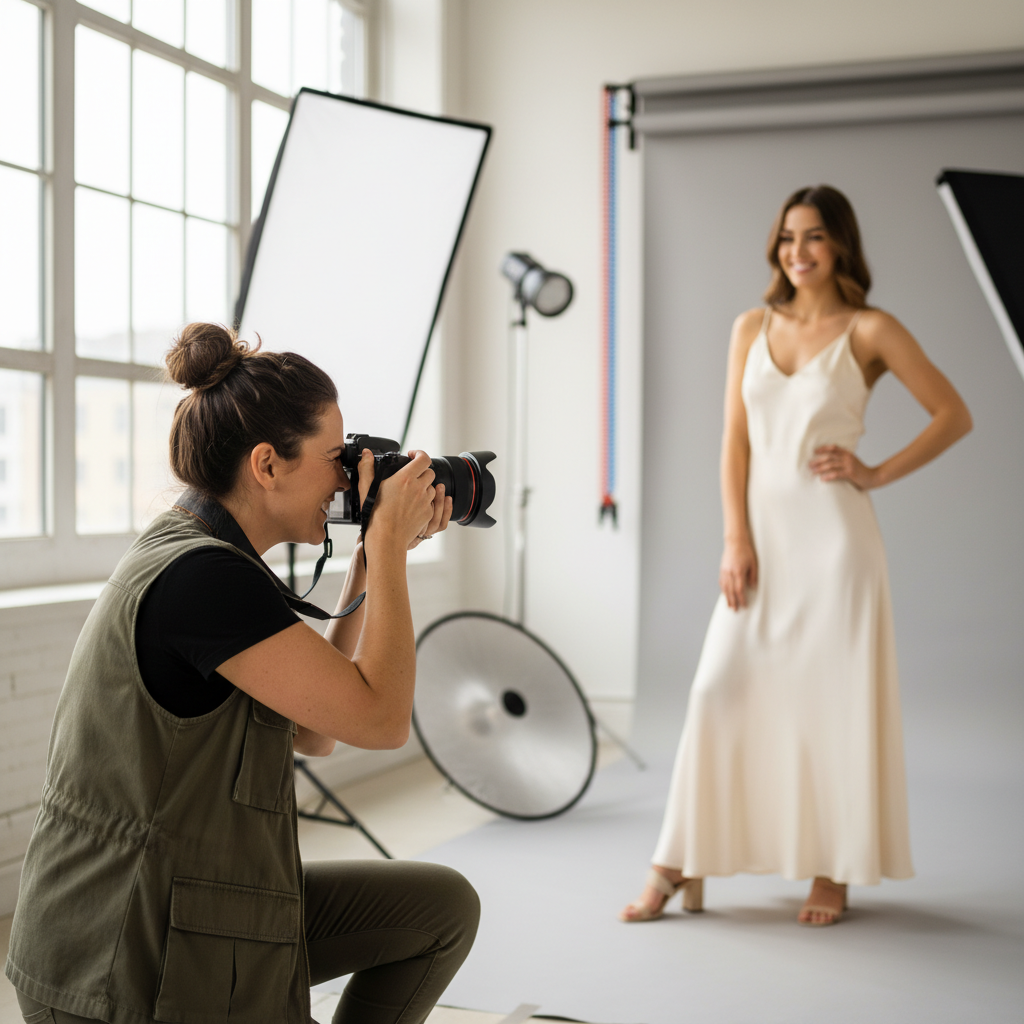 A photorealistic image of a professional photographer capturing a portrait of an adult model in a modern studio setting, symbolizing the consent and permission involved in model releases for photography in the UK.