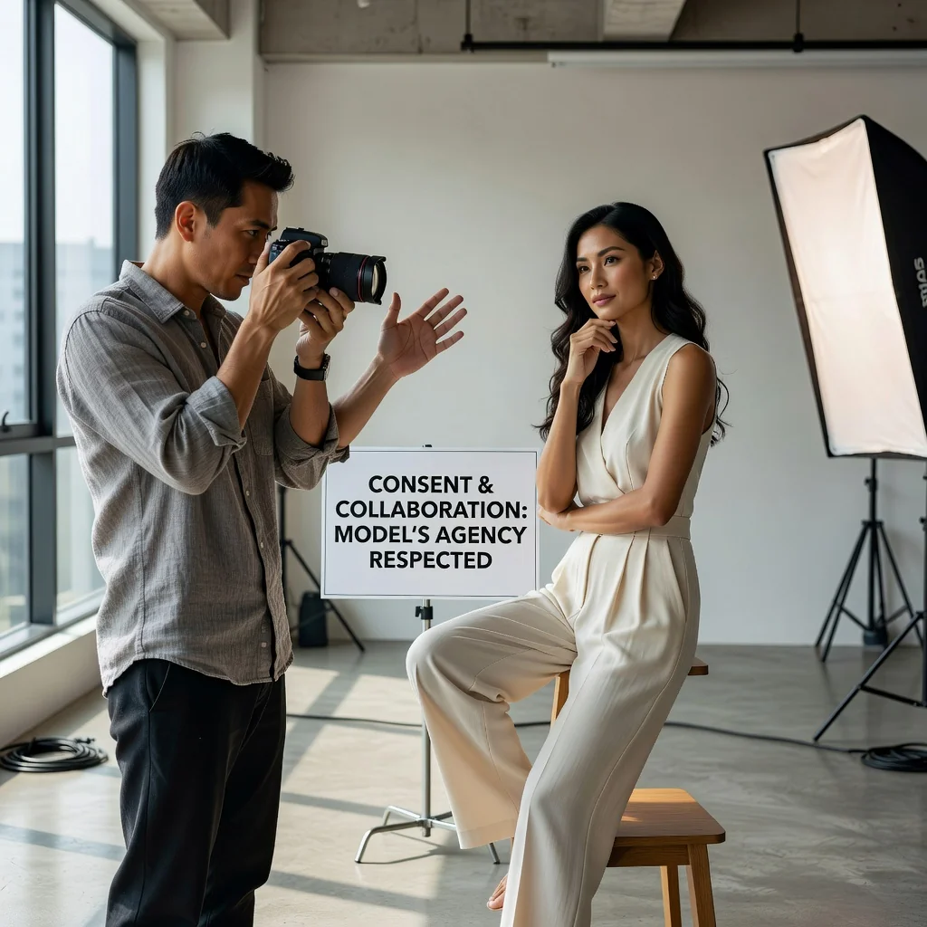 A photorealistic image of a professional photographer in a modern Singapore studio, capturing a smiling adult model posing confidently in front of a camera, symbolizing the consent and protection provided by model release forms, with subtle Singapore skyline visible through a window in the background.