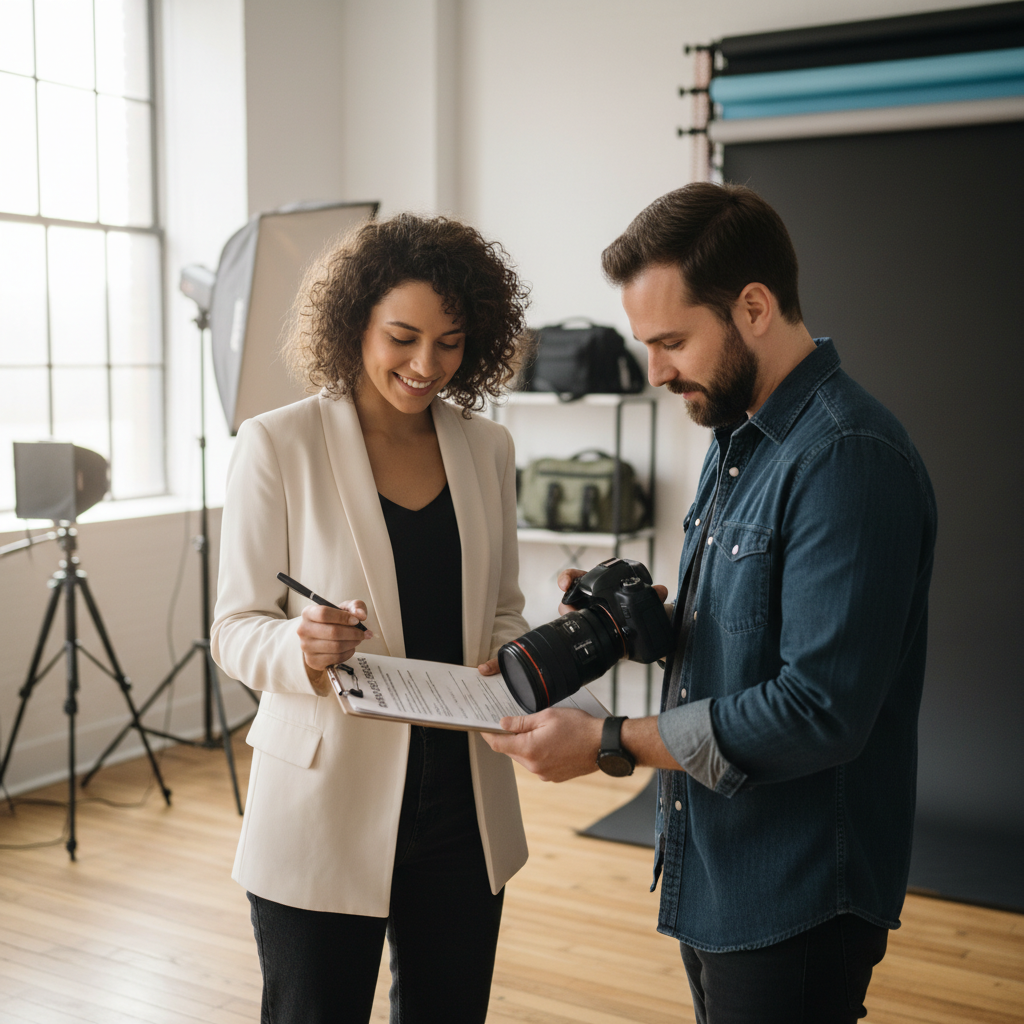 A photorealistic image of two consenting adults in a professional photography studio, one signing a model release form on a clipboard while the other photographer holds a camera, symbolizing the agreement for using likeness in media, with natural lighting and realistic details, no children present.