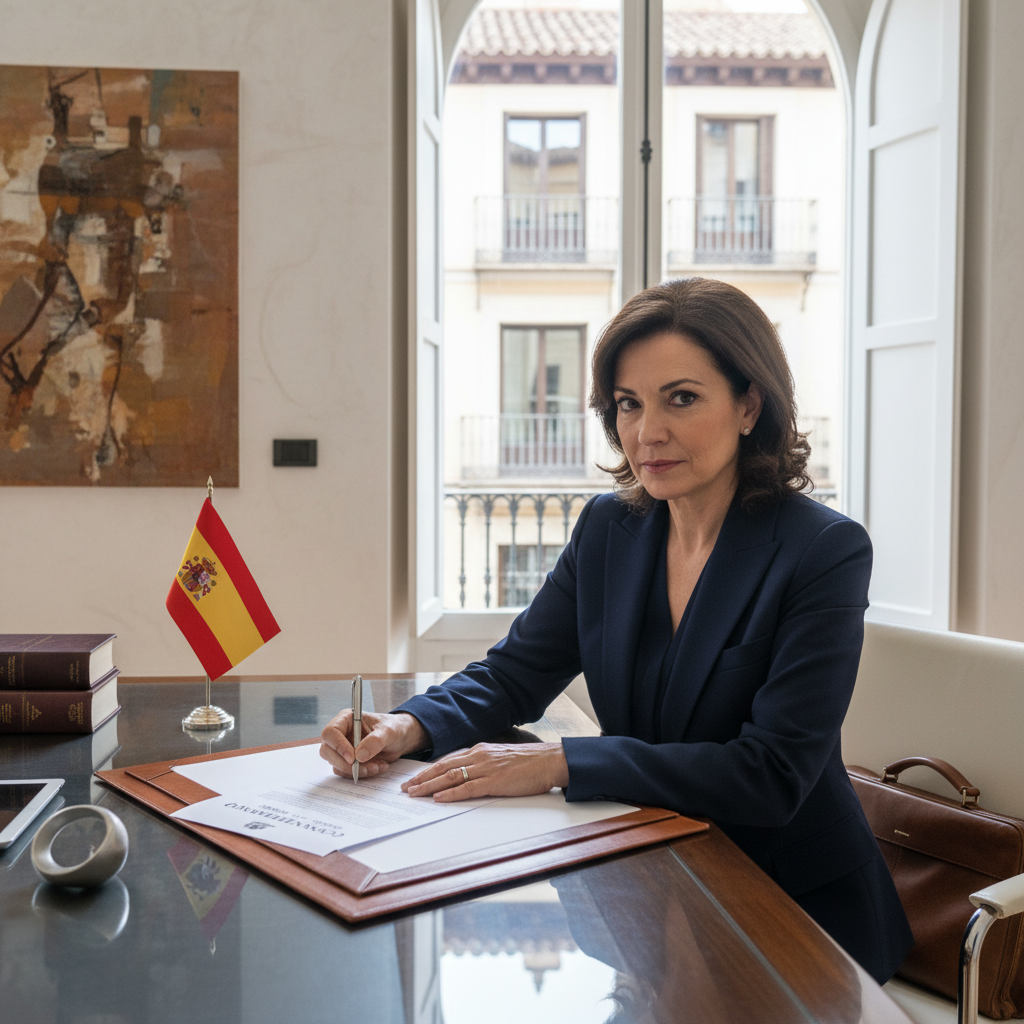 A photorealistic image of a professional adult individual confidently signing an authorization form in a modern Spanish legal office, symbolizing consent for image usage, with Spanish cultural elements like a flag or architecture in the background, no children present.
