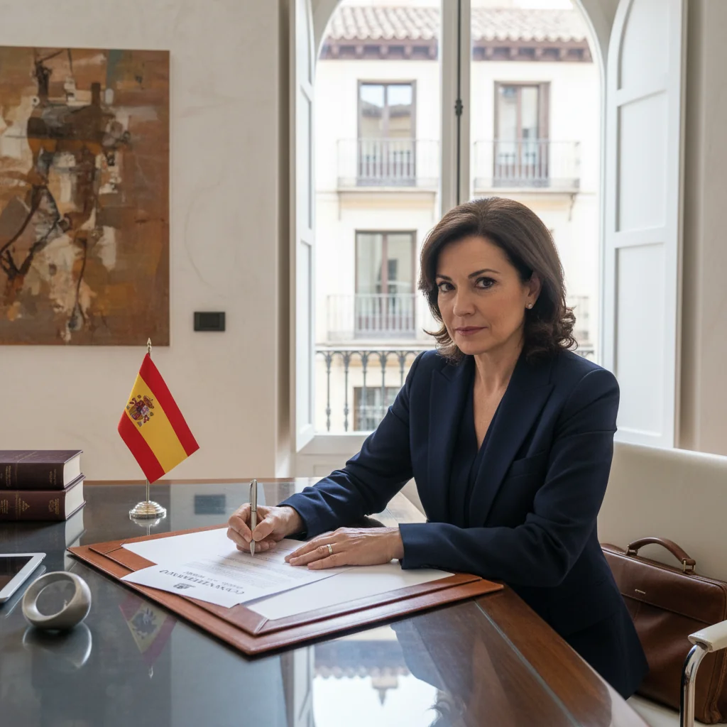 A photorealistic image of a professional adult individual confidently signing an authorization form in a modern Spanish legal office, symbolizing consent for image usage, with Spanish cultural elements like a flag or architecture in the background, no children present.