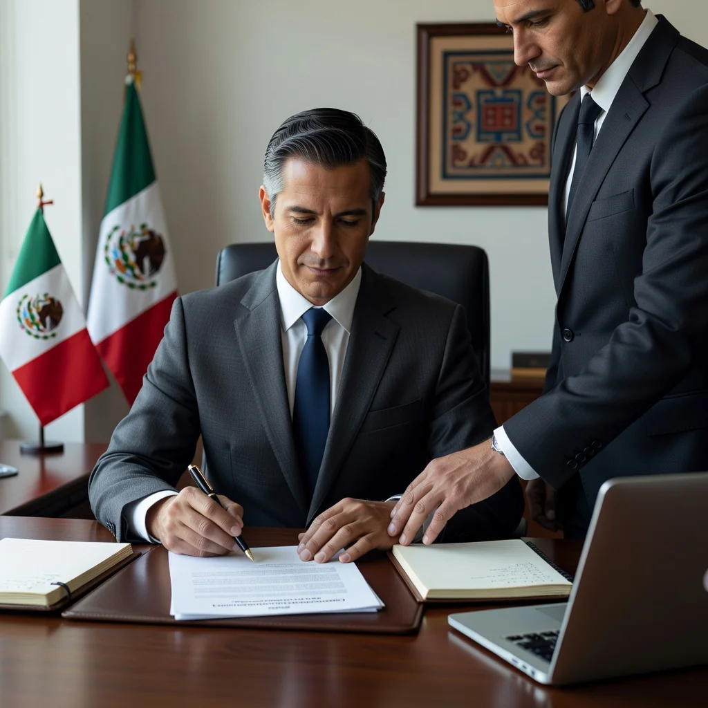 A professional adult individual in a modern Mexican office setting, signing an authorization form with a lawyer or official, symbolizing legal image rights consent, photorealistic style, no children present.