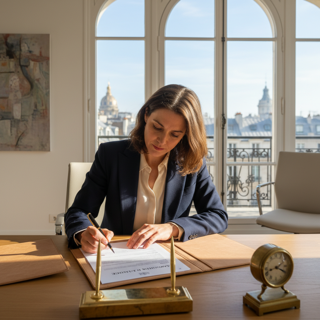 A professional adult signing an image authorization form in a modern French office setting, symbolizing consent for photography or media use, with subtle French cultural elements like a flag or Eiffel Tower view in the background. No children present.