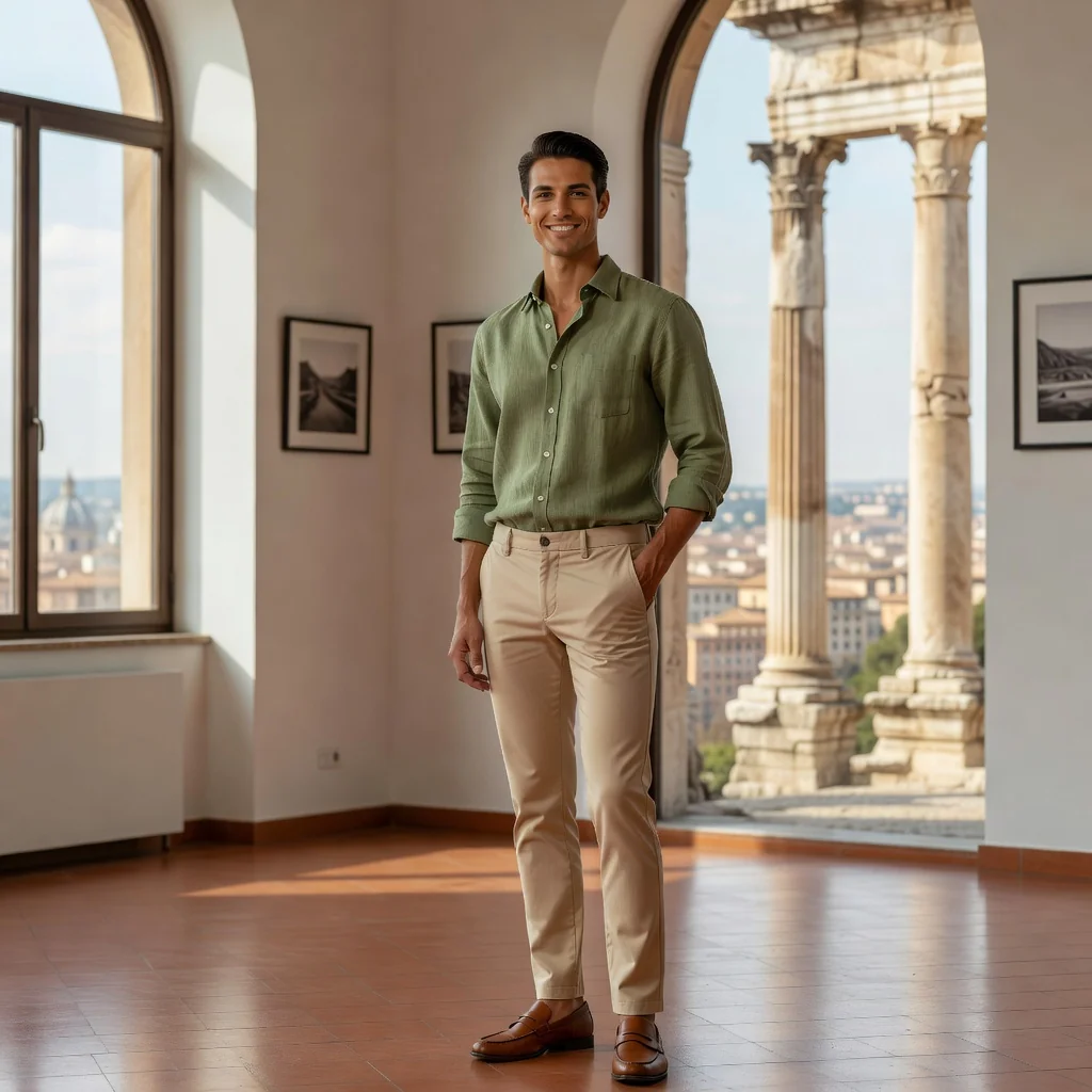 A photorealistic image representing the purpose of a model release form in Italy, showing a confident adult model posing professionally in a modern Italian studio setting, with subtle Italian landmarks in the background, emphasizing consent and professional photography without any documents visible.